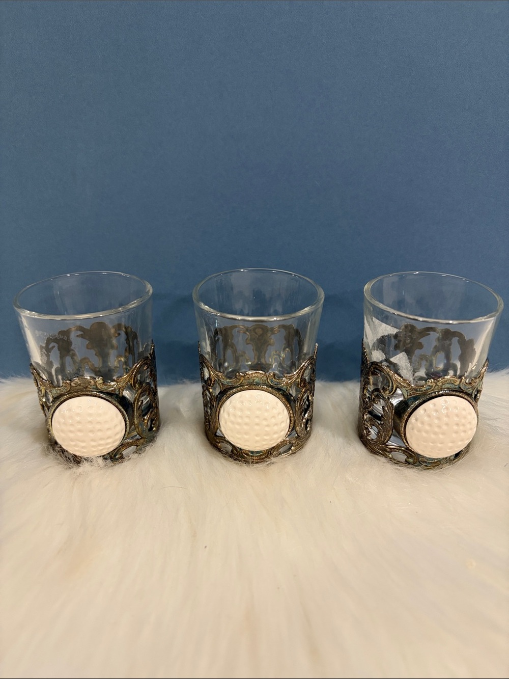 Vintage-Style Glass Tumbler Set with Ornate Metal Holders - With Golf Balls